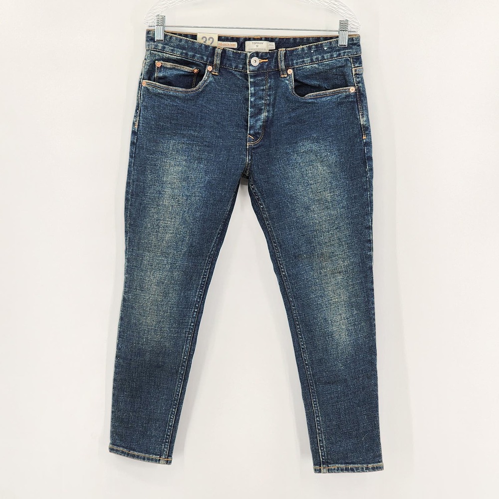 Topman Medium Blue Fade Crop Stretch Skinny Jeans Size 32 NWT